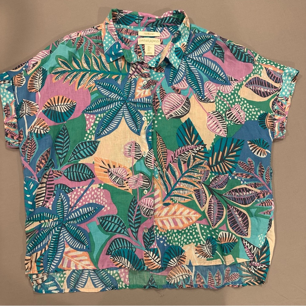 Womens Cynthia Rowley Linen Hawaiian Floral Shirt Blue Pink Purple Large